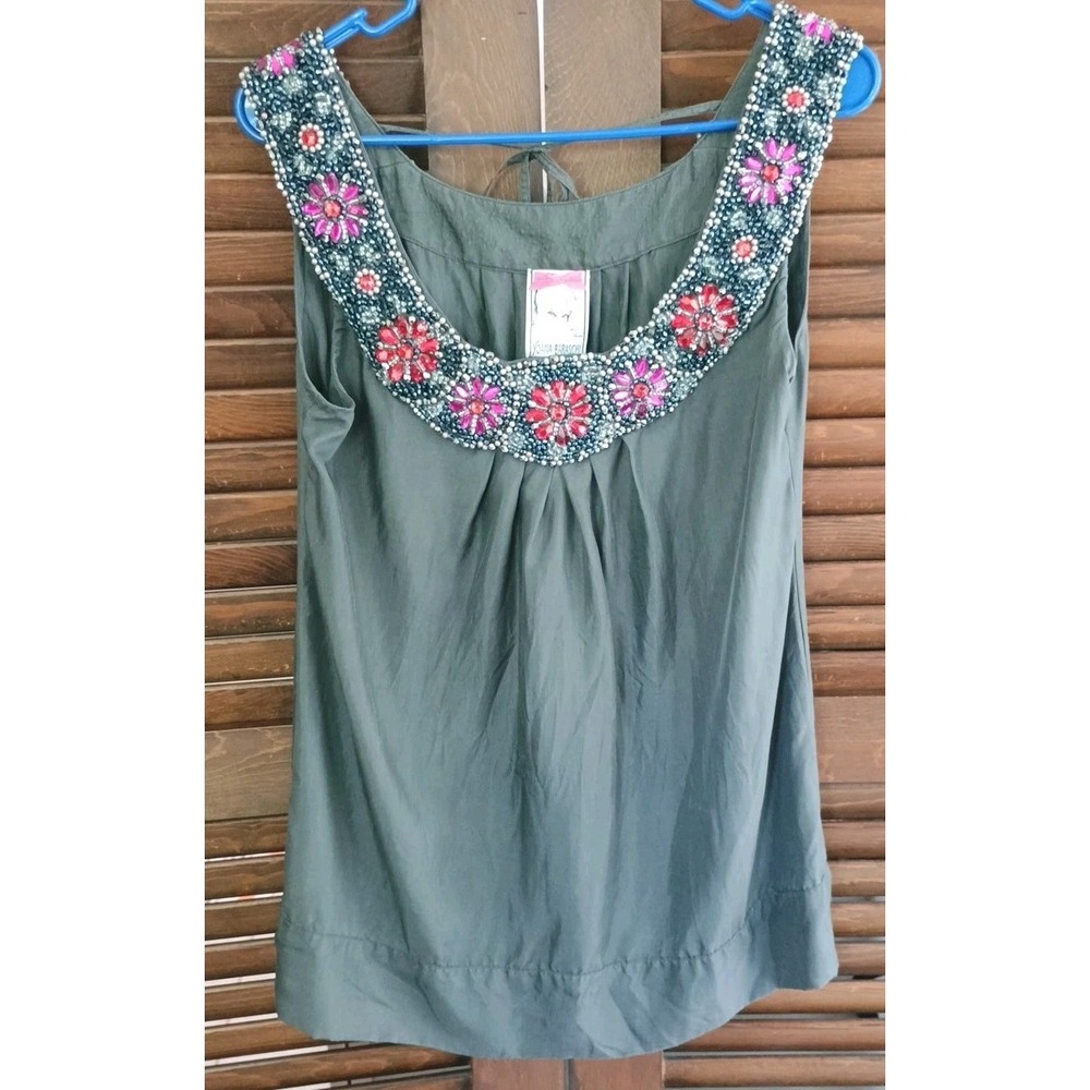 Yoana Baraschi Charcoal Gray Beaded Indy Boho Blouse Sz L 100% Silk